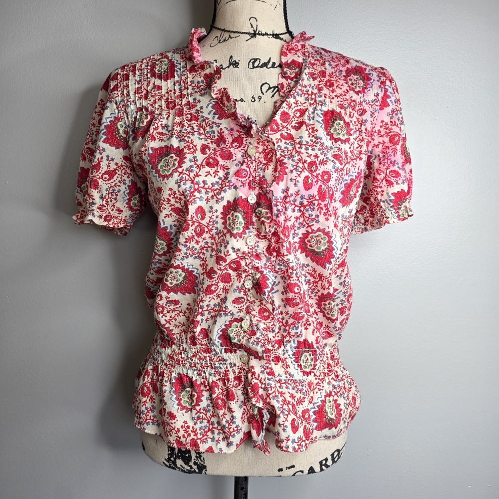 Lauren Jeans Co. Ralph Lauren Smocked Peasant Blouse Red Paisley Floral S Boho